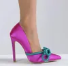 Chaussures de bureau à talons aiguilles violets pour femmes, escarpins de styliste à bout pointu avec nœud de printemps, chaussures habillées élégantes de grande taille 11cm