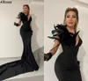 Luxe veren zwarte zeemeermin avondjurken sexy diep v nek speciale gelegenheid prom formal jurken arabisch aso ebi elegante satijn tweede receptie feestjurk cl1601