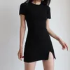 Party Dresses Europe Solid Color Sexy Waist-covered Hip Stretch Slim Split Round Neck Short Sleeve Mini Simple Dress Girl Female GLA1