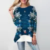 Kvinnors blusar 2022 Spring Autumn o-hals långärmad irrekgulära skjortor Kvinnor Julavtryck Blus Skjorta damer Casual Patchwork Pullover
