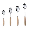 Set di stoviglie Posate in acciaio inossidabile Argento lucido Dessert in legno Cucchiaio per ghiaccio Coltello Forchetta Set da tavola Set da tavola giapponese