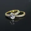 Wedding Rings Gold Color Micro Pave Clear Cubic Zirconia Ring Set Accent Oval CZ Sparking Bling Engagement Band