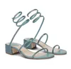 Top Design Renescaovillas Cleo Crystal Sandals обувь Nappa Satin Satin Mid-Height Block каблук Спиральные обертывания Сандалии Свадебное платье вечер