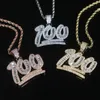 Drops Hip Hip Hop wisiorek utwardzony 5a CZ Stone Letter Numer 100 urok z łańcuchem linowym dla kobiet mężczyzn złota srebrna biżuteria róża