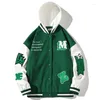 Jaquetas masculinas soltas com capuz Varsity masculino mulher outono inverno padrão bordado manga de couro PU oversized Uniforme de beisebol M-5XL 2022