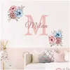 Wall Decor Custom Initial Name Pink Peonies Watercolor Sticker Girls Room Vinyl Diy Decals Nursery Interior Home Decoration Drop Del Dhxy8