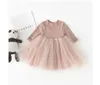 Ins Korea Lovely Girl Clothing-jurken Lange mouw Star Mesh Patchwork Dress voor Spring Fall Solid Color Princess Deskleding 6M-4T