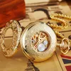 Antiek gouden mechanisch zakhorloge met ketting steampunk skelet skelet Holle handwindende hangende hangklok mannen vrouwen goud bronzen geschenk235N