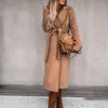 Women's Wool Autumn Winter Casual Women Turn-down Collar Simple Coat Lace-up Belted Long Cardigan Sleeve Solid Outwear