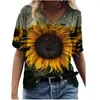 Women's T Shirts 2022 Summer Women's Plus Size Lose Cotton Top 3D Sunflower Print T-shirt Casual Overized Street Short Sleeve V-Neck