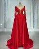 Red Princess Mermaid Prom Dresses with Detachable Train 2023 Long Sleeve Sheer Neck Beaded Embroidery Arabic Evening Gown