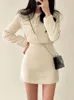 Work Dresses Autumn Winter Single Breasted Tweed Jackets Coat High Waist Mini Skirt Two Piece Woolen Outfits Elegant Luxury Office Suit