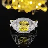 Cluster Rings Vintage Cushion Cut Zirconia Yellow Bride Wedding Ring Set For Women Engagement Jewelry Band Eternity Gift R4867-Guell