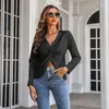 Women's Blouses Fashion Sexy Satin Silk Elegant Blouse For Women Cross V Neck Office Shirts Female Wrapped Woman Tops Long Sleeve Clothing