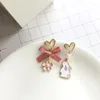 Stud Earrings Fashion Pink Girly Bow Asymmetric Gold Color Hollow Out Heart Shape Pearl Korean Style Jewelry Gift