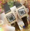 커플 패션 여성 남자 석영 시계 고급 광장 로마 다이아몬드 링 케이스 럭셔리 톱 디자인 가죽 벨트 시계 멋진 테이블 손목 시계 Montre de Luxe Gifts