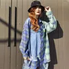 Frauen Blusen 2022 Frühling Hip-Hop-Shirt Lose Mode Tops Blau Plaid Patchwork Marke Design Mädchen Koreanischen Stil Gothic streetwear