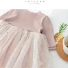 Ins Korea Lovely Girl Clothing-jurken Lange mouw Star Mesh Patchwork Dress voor Spring Fall Solid Color Princess Deskleding 6M-4T