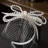Hoofddeksels Franse elegante haarband parel satijnen boog gezicht sluier haarband bruids hoofdtooi bruiloft accessoires