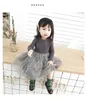 Ins Korea Lovely Girl Clothing-jurken Lange mouw Star Mesh Patchwork Dress voor Spring Fall Solid Color Princess Deskleding 6M-4T