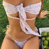 2023 New Women Bqiuini Bandage Bikini Set Hollow Out Push Up Solid Color Beach Wear Set Swimwear