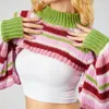 Kvinnors tr￶jor Kvinnor Spring Autumn Knittad skuldra Tr￶jan Casual Randig L￶st l￥nga ￤rmar Halv Turtleneck Pullover Crop Tops Streetwear