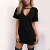 Casual Kleider Frauen T-shirt Kleid Kurzarm Pullover Halsband Tiefem V-ausschnitt Tops Damen Sexy Kleidung Drop