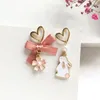 Stud Earrings Fashion Pink Girly Bow Asymmetric Gold Color Hollow Out Heart Shape Pearl Korean Style Jewelry Gift