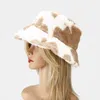 넓은 챙 모자 여성 소 패턴 어부 모자 봉제 두껍게 따뜻한 양동이 만화