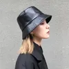 Berets Fashion PU Bucket Hat Women Men Faux Leather Fishing Cap Black Foldable Hip-Hop Street Waterproof Panama Hats