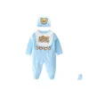 Rompers zomer mode geboren babykleding shortsleeved katoen schattig cartoon kleine beer boy girl romper en hoed slabbetjes set 220525 drop d dhryd