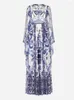 Casual Dresses Banulin Fashion Designer Summer Long Dress Women's Flare Sleeve Blue and White Porslin Printing Bohemian Slik Maxi Robe