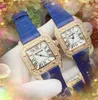 커플 쿼츠 패션 남성 여성 시계 자동 데이트 광장 로마 다이아몬드 링 케이스 시계 정품 가죽 벨트 손목 시계 선물