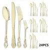 Set di stoviglie Vintage Western 24Pcs Posate in oro Set di posate in acciaio inossidabile di lusso Coltello da bistecca Coltello da tè Forchetta Cucchiaio Posate