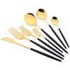 Set di posate Coltello Forchetta da dessert Cucchiaio a manico lungo Bacchette Set di posate Posate in oro nero Posate in acciaio inossidabile Posate in argento