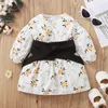 Girl Dresses Baby Long Sleeve Dress Floral Printed V Neck Button-Down With Waist Belt Casual Sweet Clothes