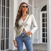 Women's Blouses Fashion Sexy Satin Silk Elegant Blouse For Women Cross V Neck Office Shirts Female Wrapped Woman Tops Long Sleeve Clothing