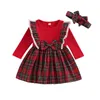 Girl Dresses Christmas Dress For Girls Born Party Long Sleeve Plaid Print Ruffle Headband Infant Baby Clothes