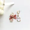 Stud Earrings Fashion Pink Girly Bow Asymmetric Gold Color Hollow Out Heart Shape Pearl Korean Style Jewelry Gift