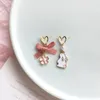 Stud Earrings Fashion Pink Girly Bow Asymmetric Gold Color Hollow Out Heart Shape Pearl Korean Style Jewelry Gift