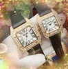 커플 패션 여성 남자 쿼츠 시계 고급 광장 로마 다이아몬드 반지 케이스 럭셔리 탑 디자인 가죽 벨트 시계 좋은 테이블 손목 시계