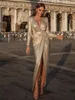 Casual Dresses Luxury Elegant Women Pleated Summer Party Dress Lady Slim Long Sleeve Midi Evening Stretch 2022 Bröllopsklänning Femme