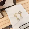 Designer Letters Stud roestvrij staal 18K GOUD GOLD LANGE EARRING GEBARD Crystal Geometrisch luxemerk Women Rhinestone Pearl WE263Q