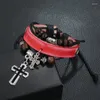 Link Bracelets Retro Leather Vintage Cross Charm Bracelet Bangle For Women Men Multi-Layer Wood Bead Rope Jewelry Gift E426