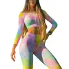 Running Sets Tie-Dyeing Print Sportwear Women Long Sleeve 2Pcs Set Slim Tracksuit T-shirt Top Suit Streetwear Sweat