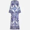 Vestidos Casuais Menahem Sicília Passarela Azul E Branco Porcelana Estampado Vestido Maxi Feminino Decote O Manga Batwing Cintura Solta Dividido Vestidos Longos