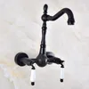 Rubinetti per lavandino del bagno Rubinetto per lavabo con doppia maniglia in ottone nero a doppio foro Rubinetto per lavabo con montaggio a parete a 360° Miscelatore girevole per cucina fredda e acqua Dnf856