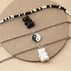 Mode noir blanc perles multi-couches pendentif rond collier pour femmes mignon ours collier Boho bijoux