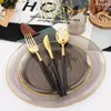 Disposable Flatware Cutlery Transparent Black Plastic Plate Gold Edge Silverware Cup Set Suitable For 10 P