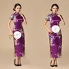 Etnische kleding Vrouwen Satin Cheongsam Chinees Traditionele Mandarijn Kraagavond feestjurk Print Peacock Sexy Split Qipao Vestidso